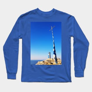 Greek flag waving on a blue and white pole with a cross Long Sleeve T-Shirt